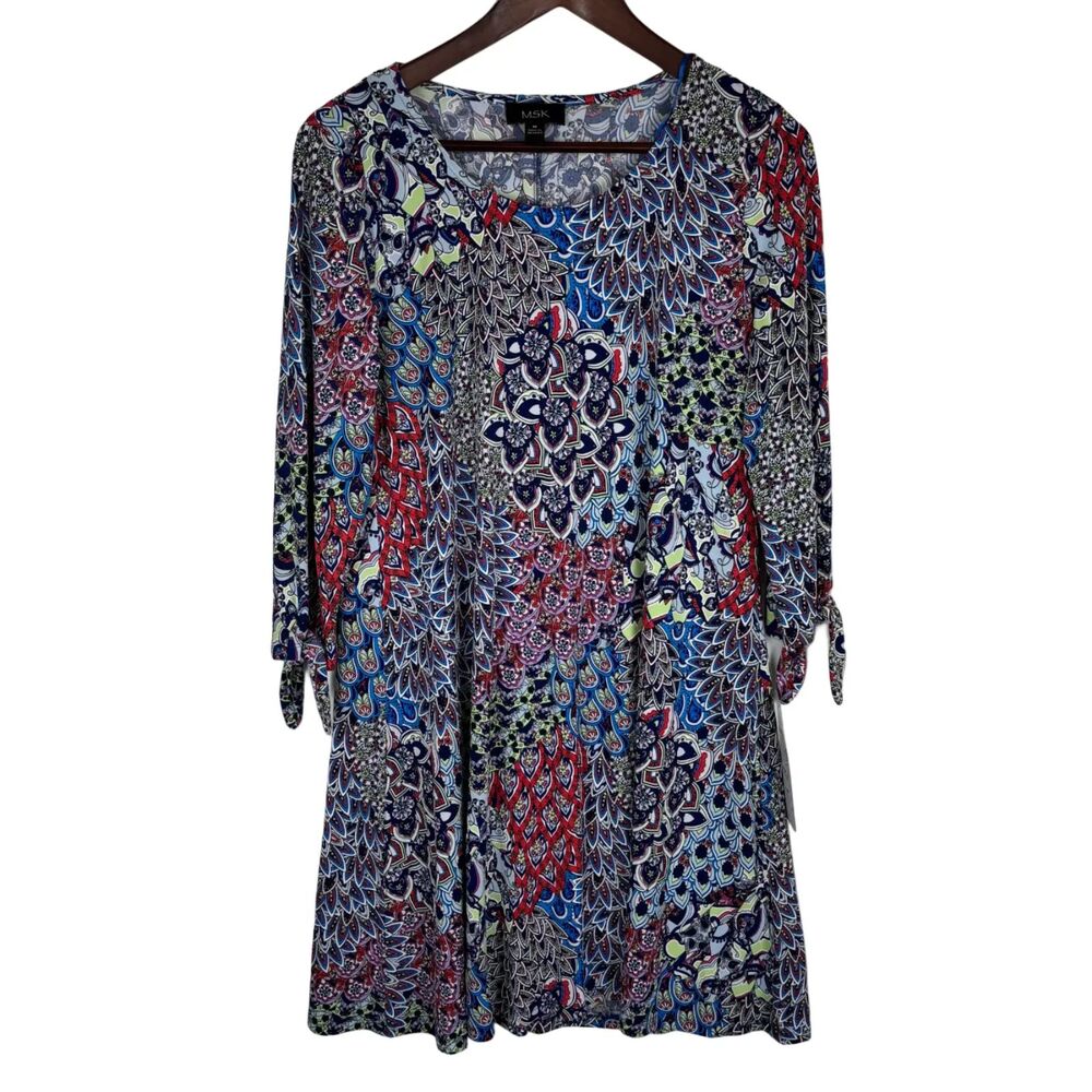 NWT MSK Colorful Textured A-line Dress Women's Medium Tie Sleeves